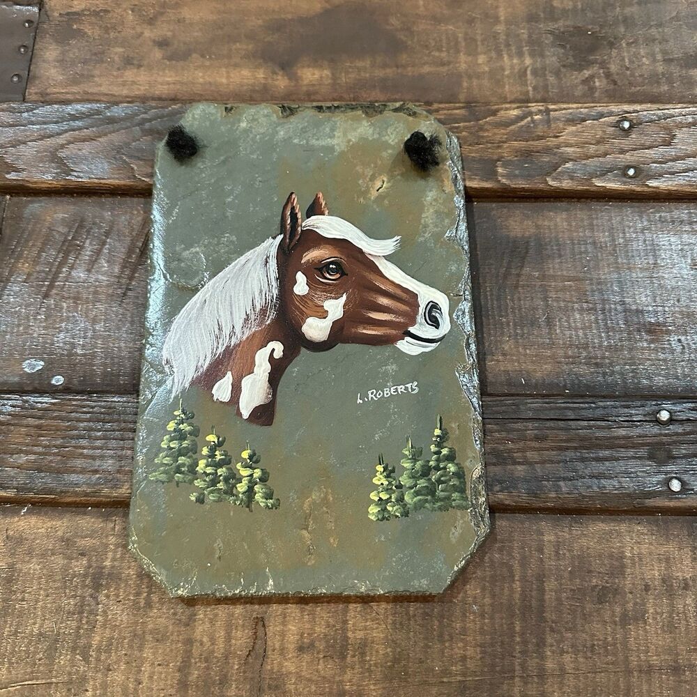 Vintage Hand Painted Pinto Horse Slate 9x6 Hanging Wall Art Folkart Signed